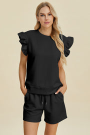 Double Take Full Size Texture Round Neck Ruffle Sleeve Top and Shorts Set - Fashionmj