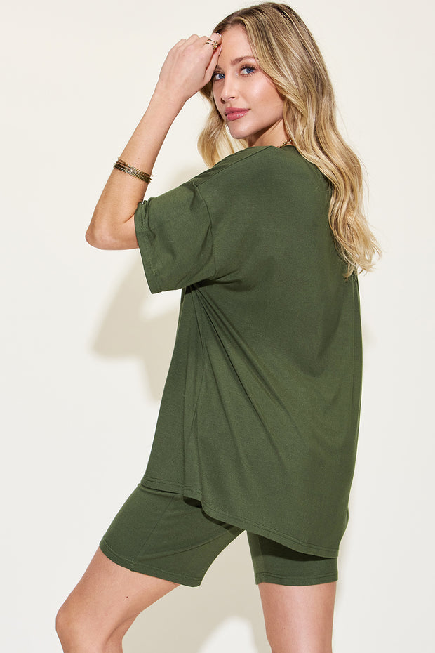 Basic Bae Full Size V-Neck Drop Shoulder T-Shirt and Shorts Set - Fashionmj