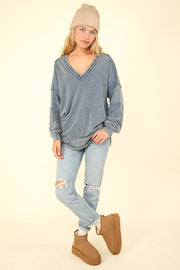 VERY J Washed V-Neck Exposed Seam Knit Top - Fashionmj