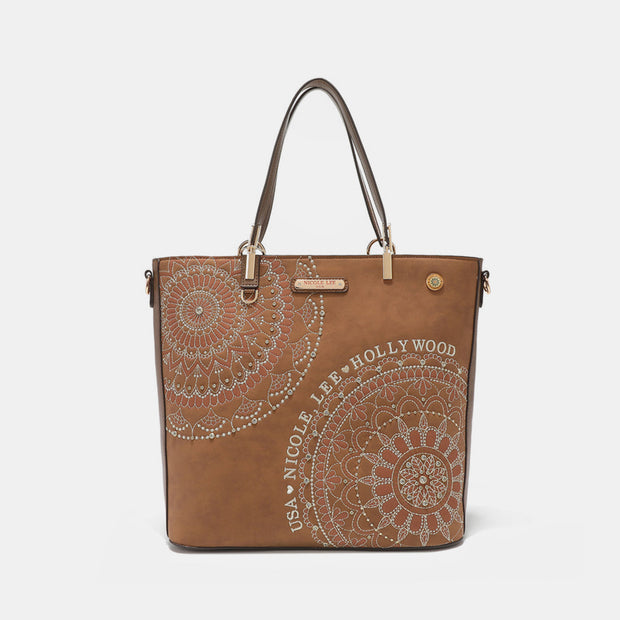 Nicole Lee USA Metallic Stitching Embroidery Inlaid Rhinestone Tote Bag - Fashionmj