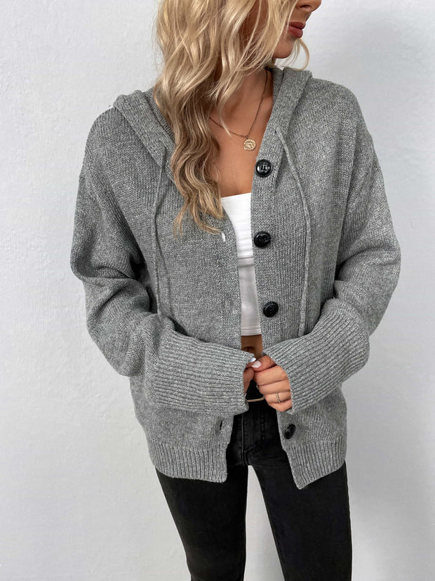 Button-Down Long Sleeve Hooded Sweater - Fashionmj