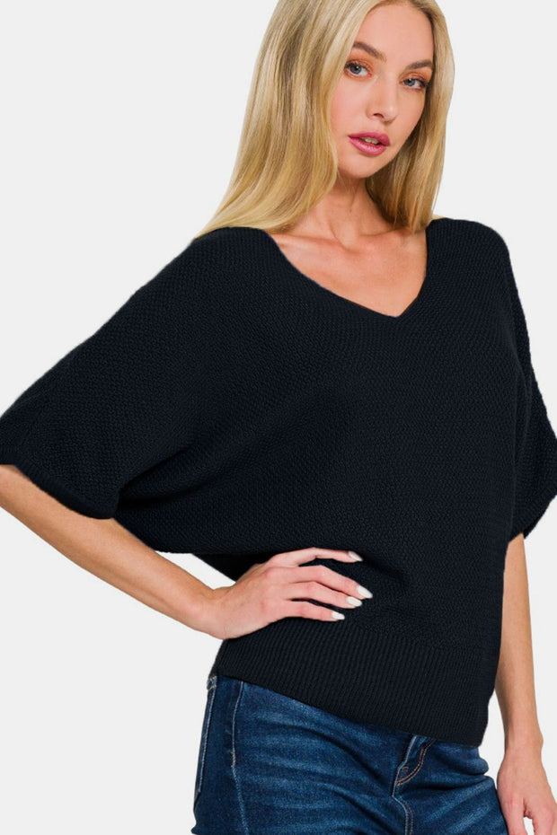 Zenana V-Neck Short Sleeve Dolman Sweater - Fashionmj