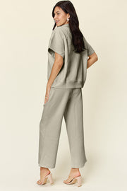 Double Take Full Size Texture Half Zip Short Sleeve Top and Pants Set - Fashionmj