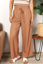 Double Take Drawstring Smocked Waist Wide Leg Pants - Fashionmj