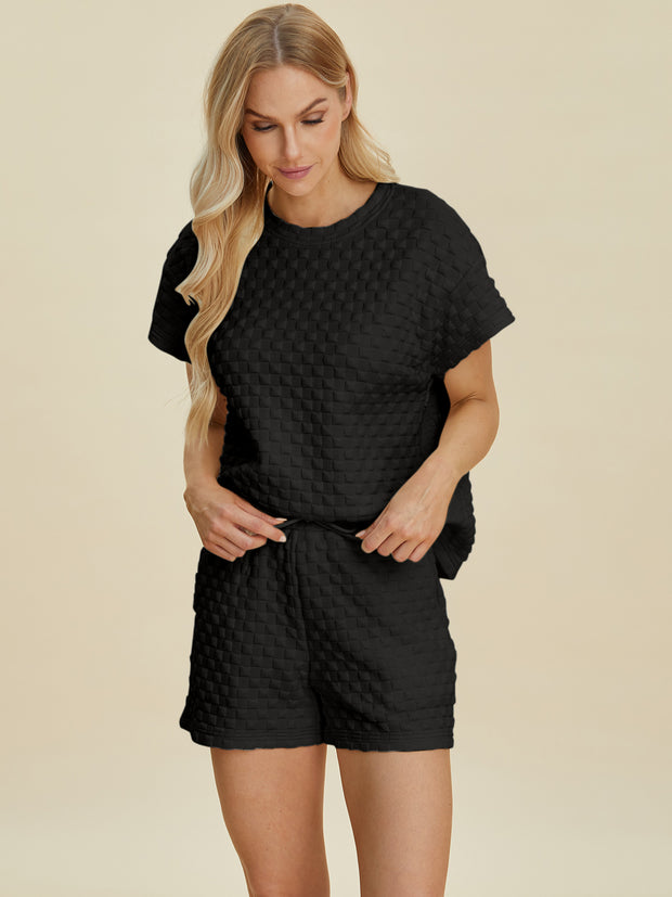 Double Take Full Size Texture T-Shirt and Shorts Set - Fashionmj