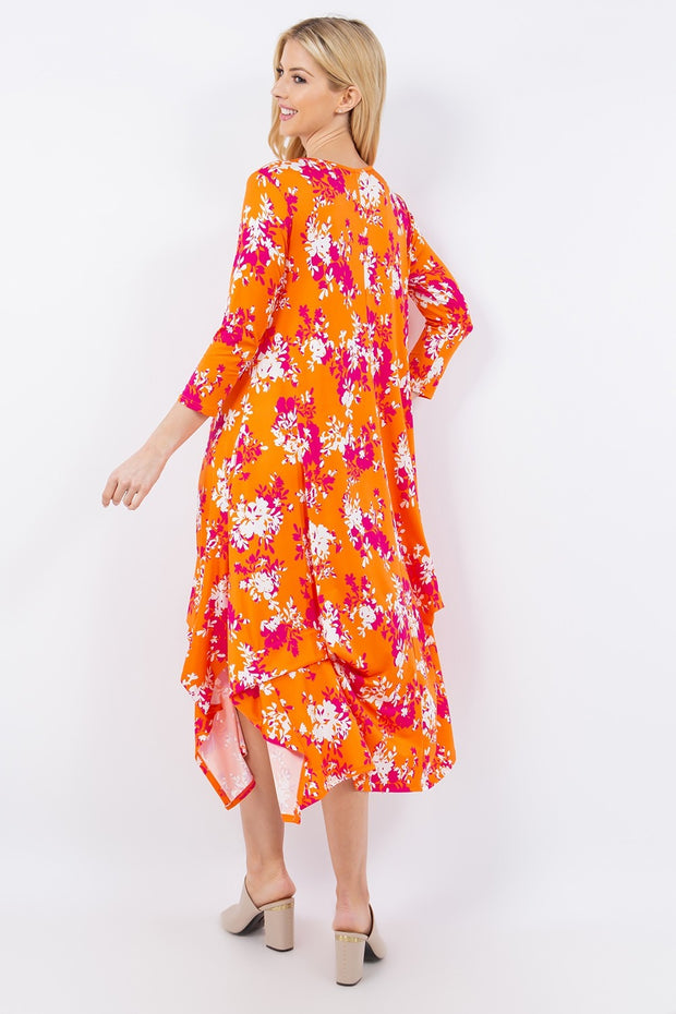 Celeste Full Size Pick-Up Hem Asymmetric Floral Midi Dress - Fashionmj