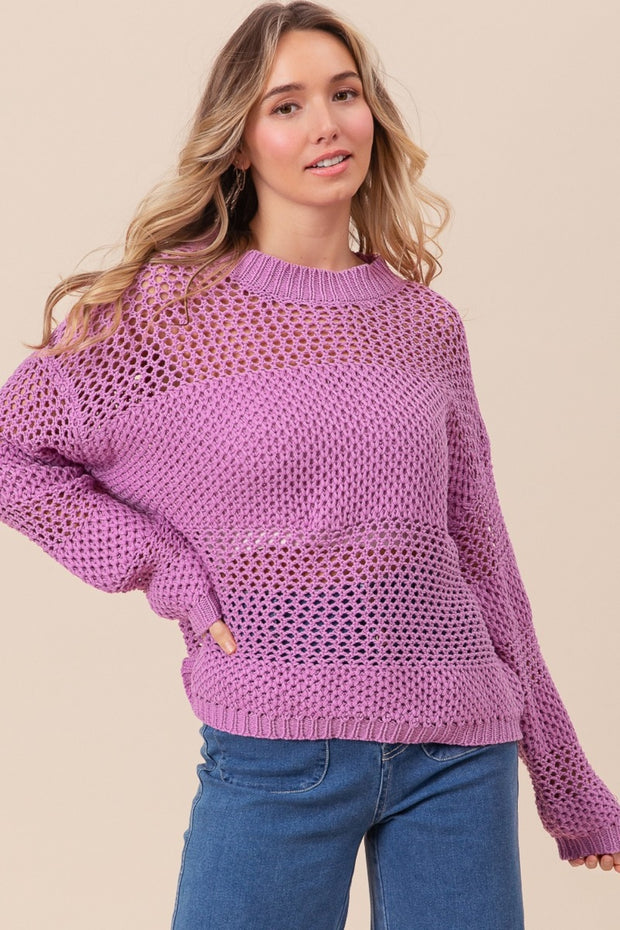 BiBi Openwork Long Sleeve Knit Top - Fashionmj