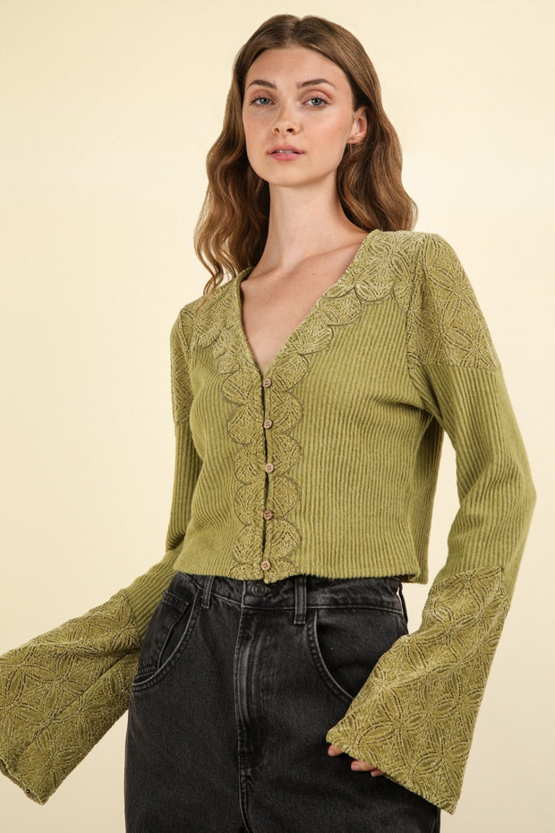 VERY J V-Neck Lace Detail Button Down Crop Ribbed Knit Top - Fashionmj