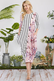 Celeste Full Size Floral Striped Contrast Midi-Dress with Pockets - Fashionmj