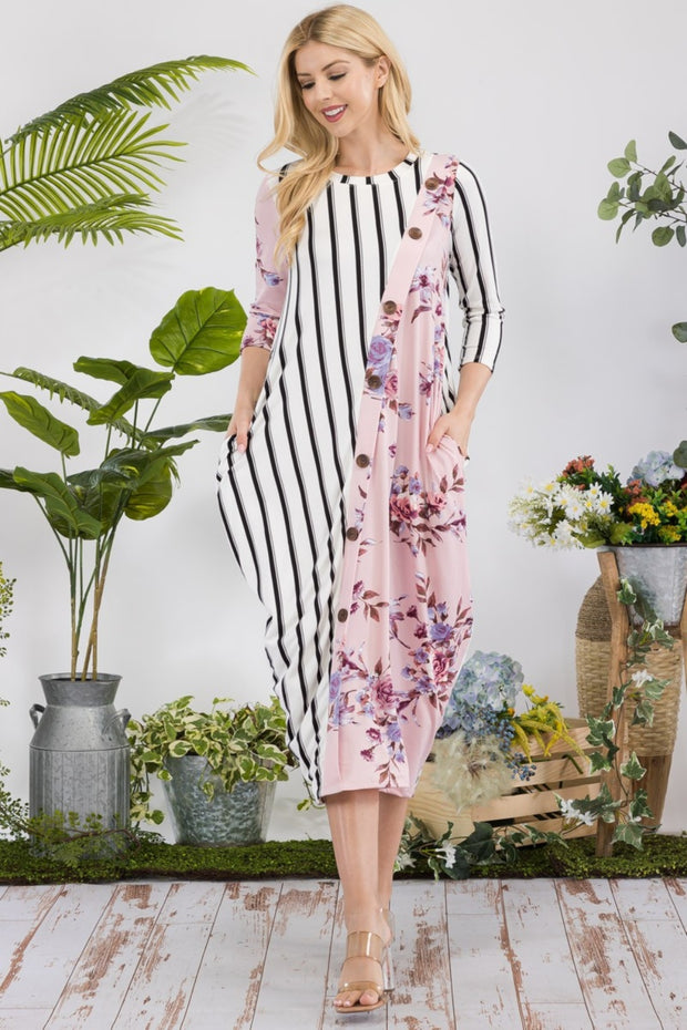 Celeste Full Size Floral Striped Contrast Midi-Dress with Pockets - Fashionmj