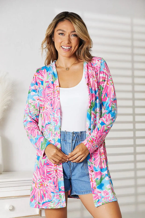 Double Take Floral Open Front Long Sleeve Cardigan - Fashionmj