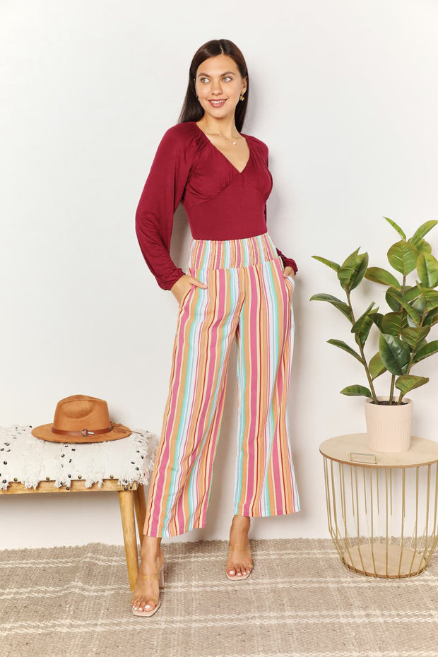 Double Take Striped Smocked Waist Pants with Pockets - Fashionmj