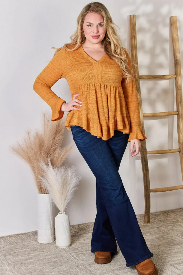 Hailey & Co Full Size V-Neck Flounce Sleeve Blouse - Fashionmj