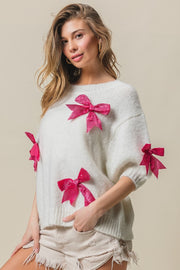 BiBi Sequin Bow Puff Sleeve Sweater - Fashionmj