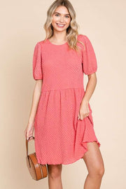 Culture Code Full Size Textured Round Neck Puff Sleeve Dress - Fashionmj