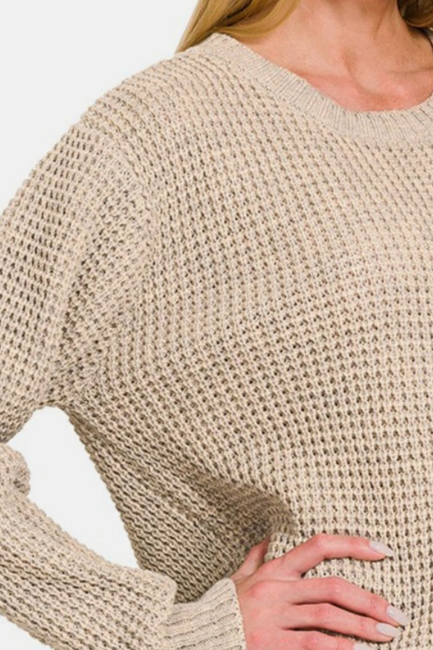 Zenana High Low Long Sleeve Waffle Sweater - Fashionmj