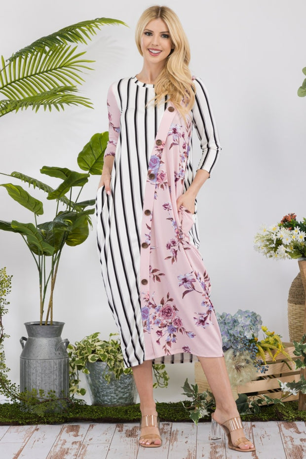 Celeste Full Size Floral Striped Contrast Midi-Dress with Pockets - Fashionmj