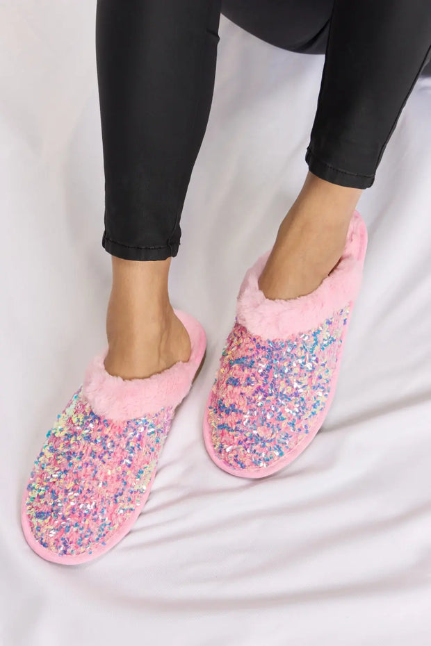 Forever Link Sequin Plush Round Toe Slippers - Fashionmj