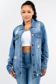 American Bazi Full Size Button Up Distressed Denim Jacket - Fashionmj