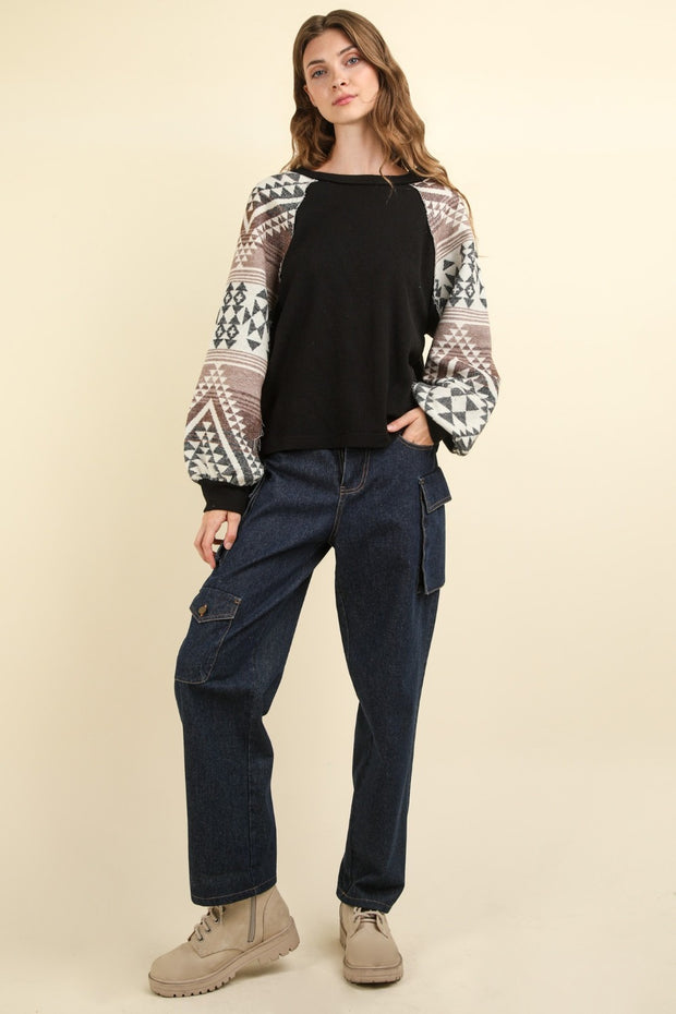 VERY J Printed Long Sleeve Round Neck Knit Top - Fashionmj