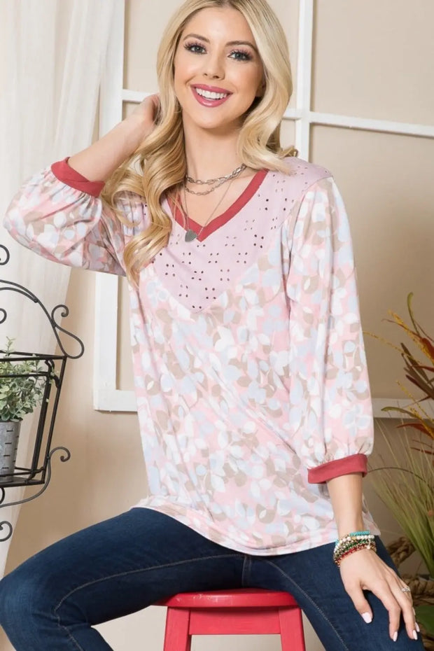 Celeste Full Size Leaf Print Contrast Trim Balloon Sleeve Top - Fashionmj