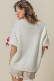 BiBi Sequin Bow Puff Sleeve Sweater - Fashionmj