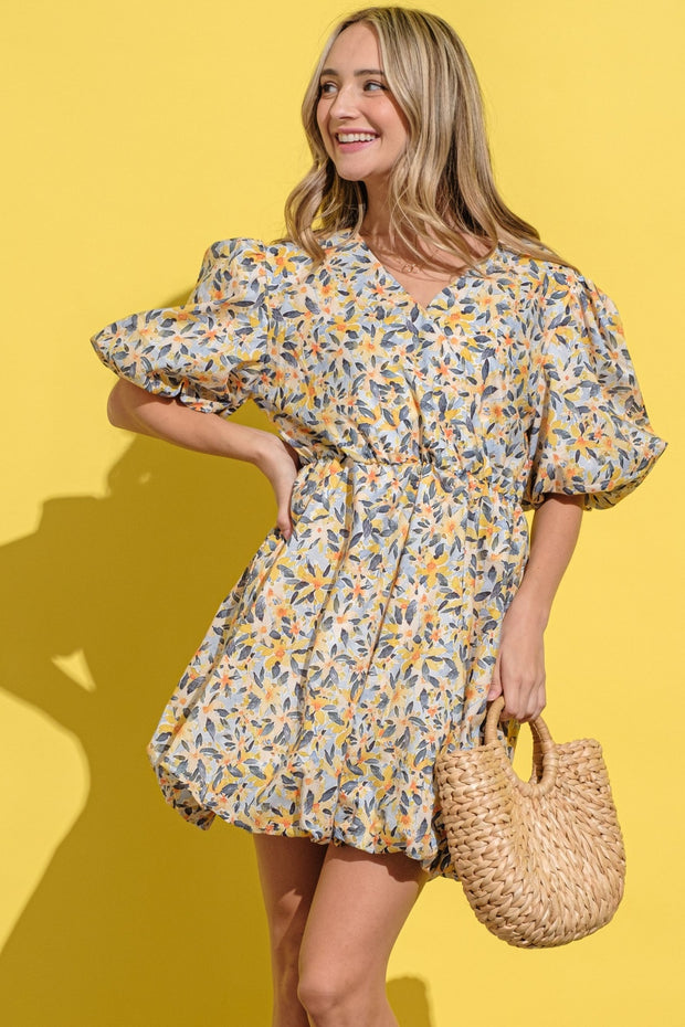 And The Why Full Size Floral Surplice Puff Sleeve Dress - Fashionmj