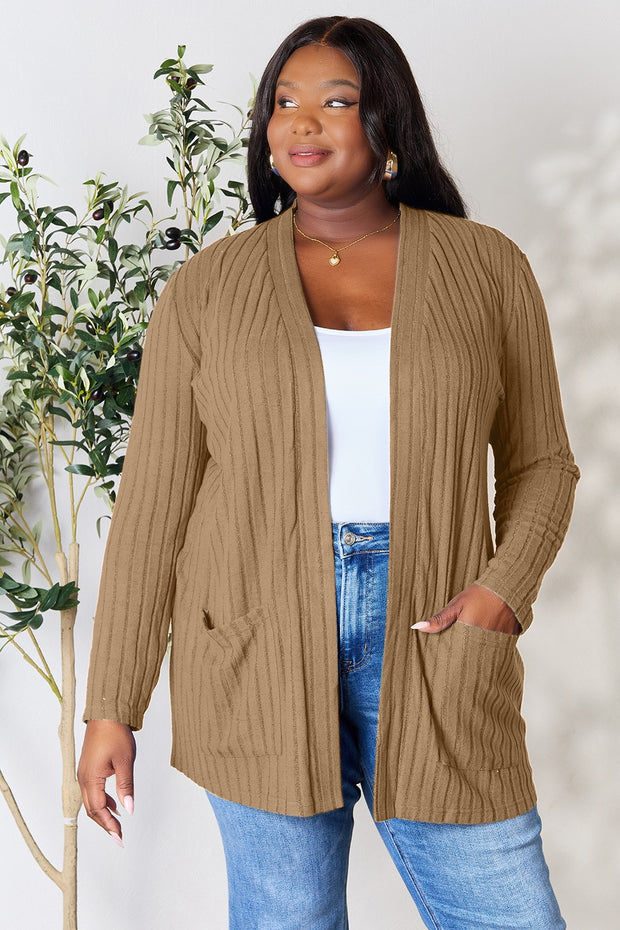 Basic Bae Full Size Ribbed Open Front Cardigan with Pockets - Fashionmj