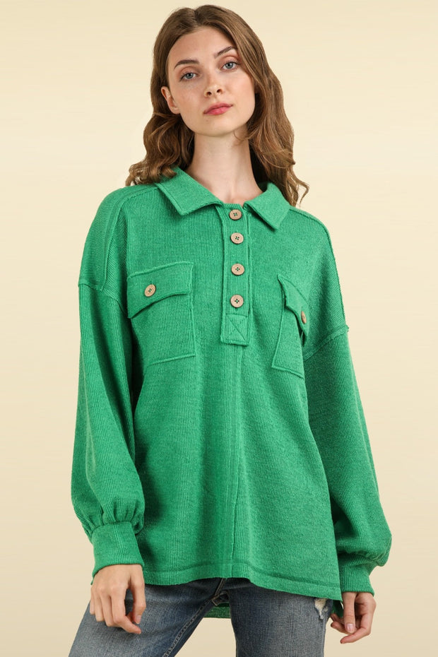 VERY J Collared Half Button Knit Top with Pockets - Fashionmj