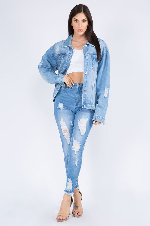 American Bazi Full Size Painted Back Distressed Denim Jacket - Fashionmj