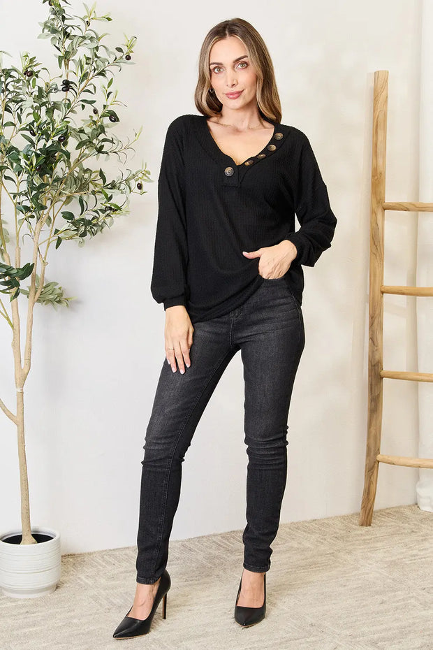 Zenana Buttoned Long Sleeve Blouse - Fashionmj