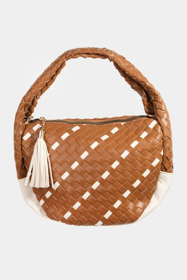 Fame Tassel Detail Weave Semi Circle Bag - Fashionmj