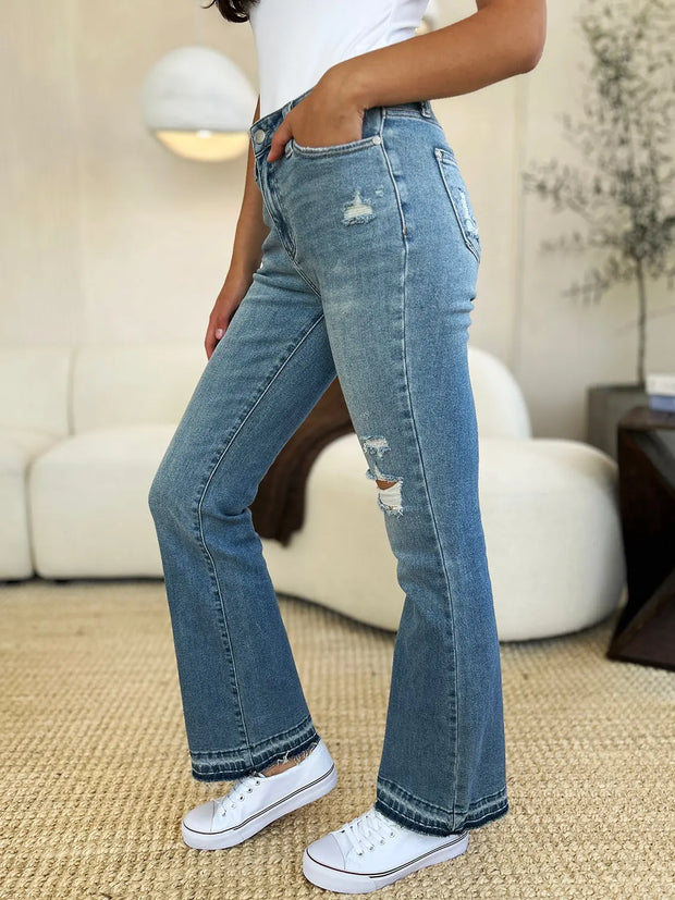 Judy Blue Full Size Mid Rise Destroyed Hem Distressed Jeans - Fashionmj