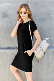 Basic Bae Bamboo Full Size Round Neck Short Sleeve Dress with Pockets - Fashionmj