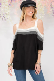 Celeste Full Size Striped Cold Shoulder Top - Fashionmj