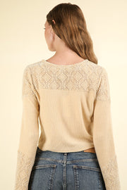 VERY J V-Neck Lace Detail Button Down Crop Ribbed Knit Top - Fashionmj