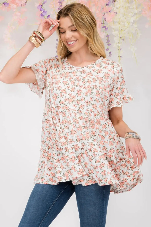 Celeste Full Size Floral Ruffled Short Sleeve Blouse - Fashionmj