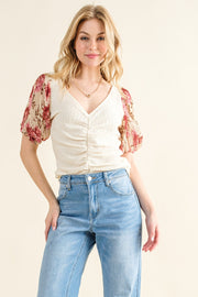 And The Why Full Size Floral Print Textured Sleeve Knit Top - Fashionmj