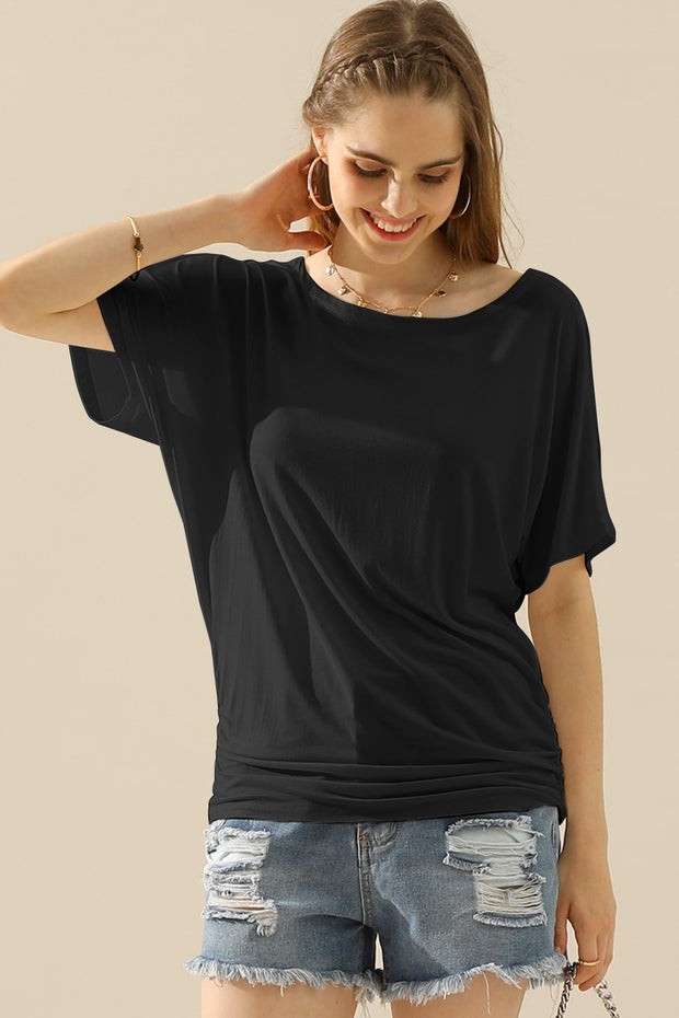 Ninexis Boat Neck Short Sleeve Ruched Side Top - Fashionmj