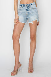 RISEN Full Size High Waist Frayed Detail Denim Shorts - Fashionmj