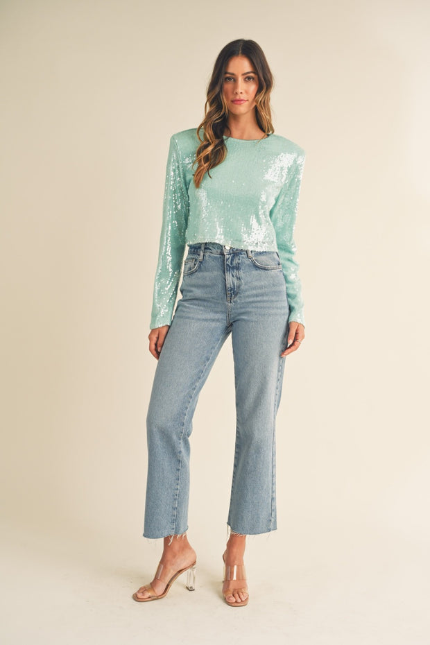 MABLE Shoulder Padded Sequin Crop Top - Fashionmj