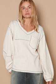 POL V-Neck knit Panel Exposed Seam Top - Fashionmj