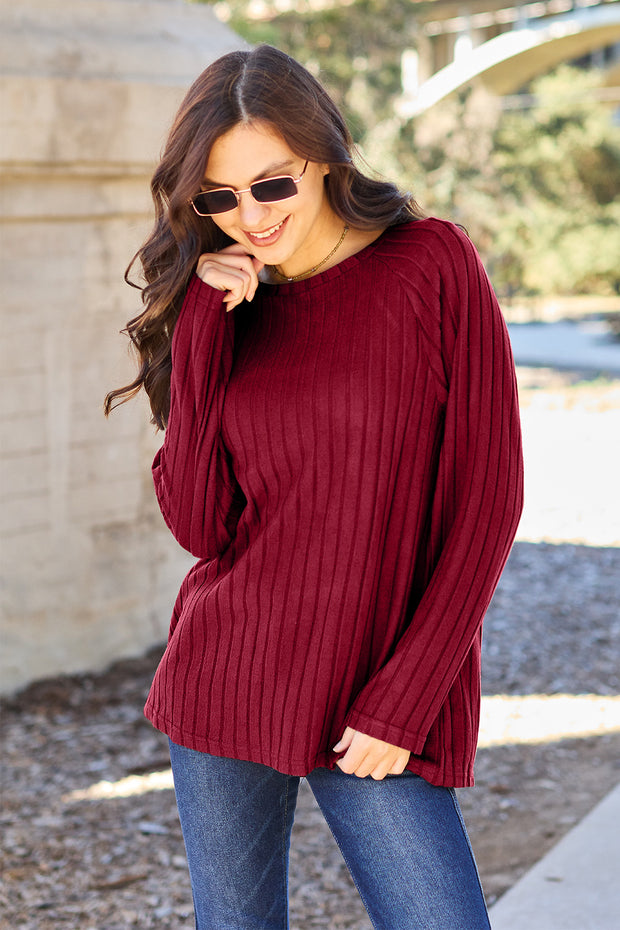 Basic Bae Full Size Ribbed Round Neck Long Sleeve Knit Top - Fashionmj