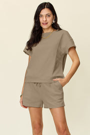 Double Take Full Size Texture Short Sleeve T-Shirt and Drawstring Shorts Set - Fashionmj