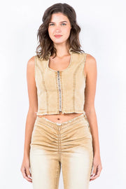 American Bazi Zip Up Washed Crop Denim Vest - Fashionmj