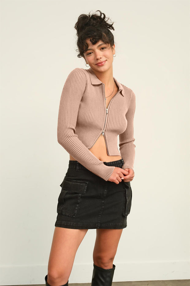 HYFVE Ribbed Double Zip Cropped Cardigan - Fashionmj