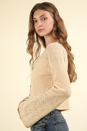 VERY J V-Neck Lace Detail Button Down Crop Ribbed Knit Top - Fashionmj