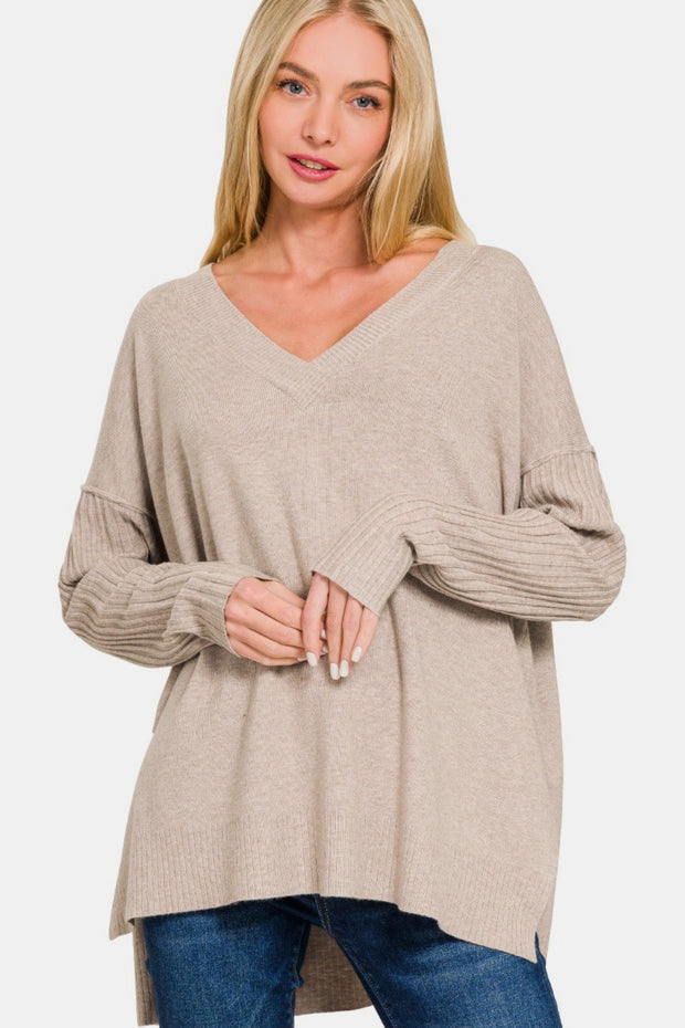 Zenana V-Neck Side Slit High-Low Sweater - Fashionmj