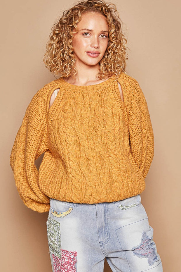 POL Cable Knit Cutout Long Sleeve Sweater - Fashionmj