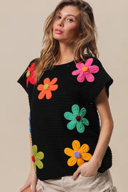 BiBi Flower Round Neck Cap Sleeve Knit Top - Fashionmj